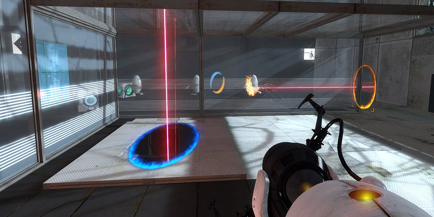 A player creating portals in Portal, with a laser beam going through one end of the portal and out the other to fry a turret.