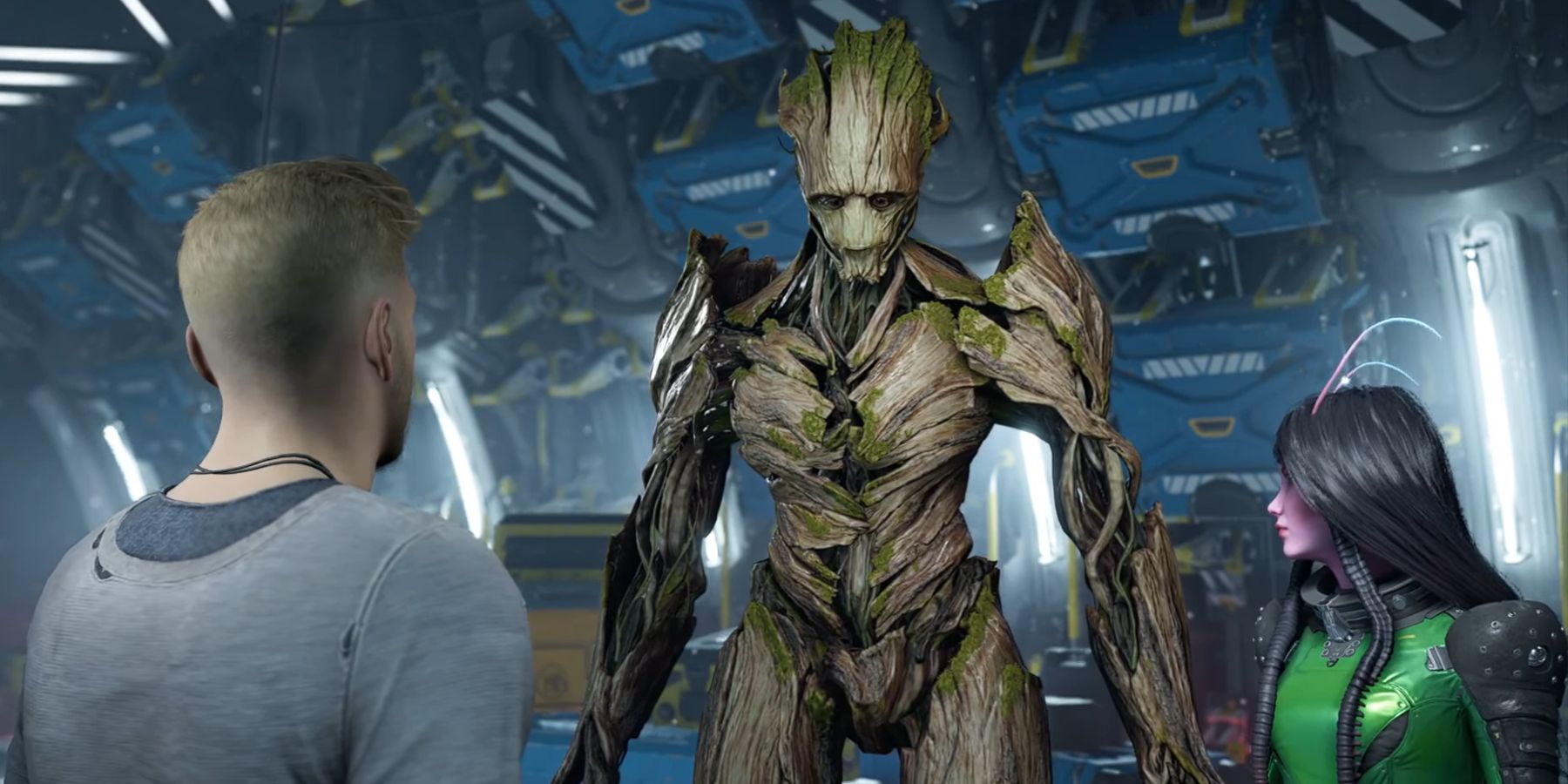 Groot falando com Star-Lord e Mantis em Marvel's Guardians Of The Galaxy