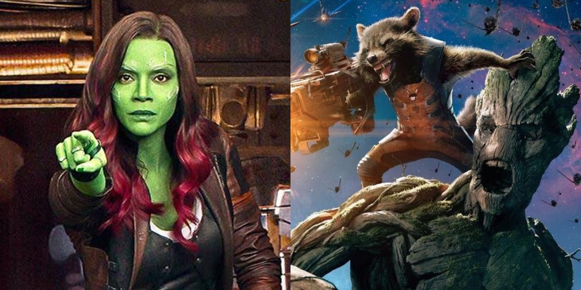Split image showing Gamora, Groot, and Rocket in Guardians of the Galaxy