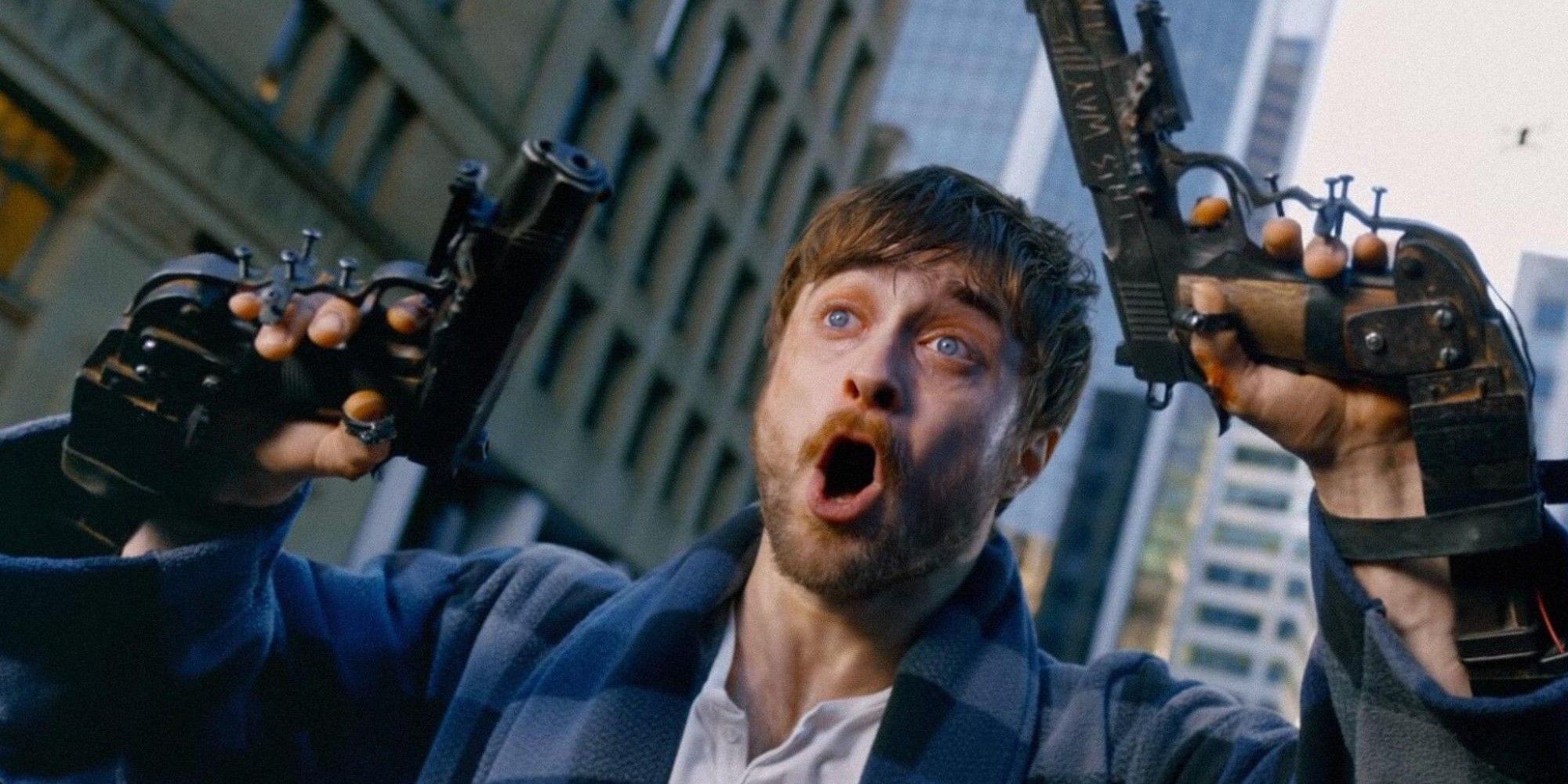 Daniel Radcliffe yelling in Guns Akimbo