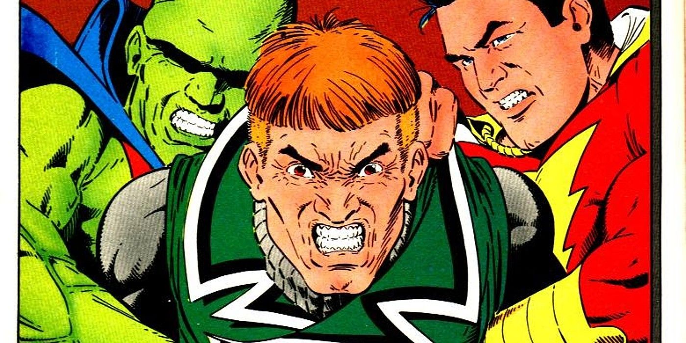 Members of Justice League grab an angry Guy Gardner