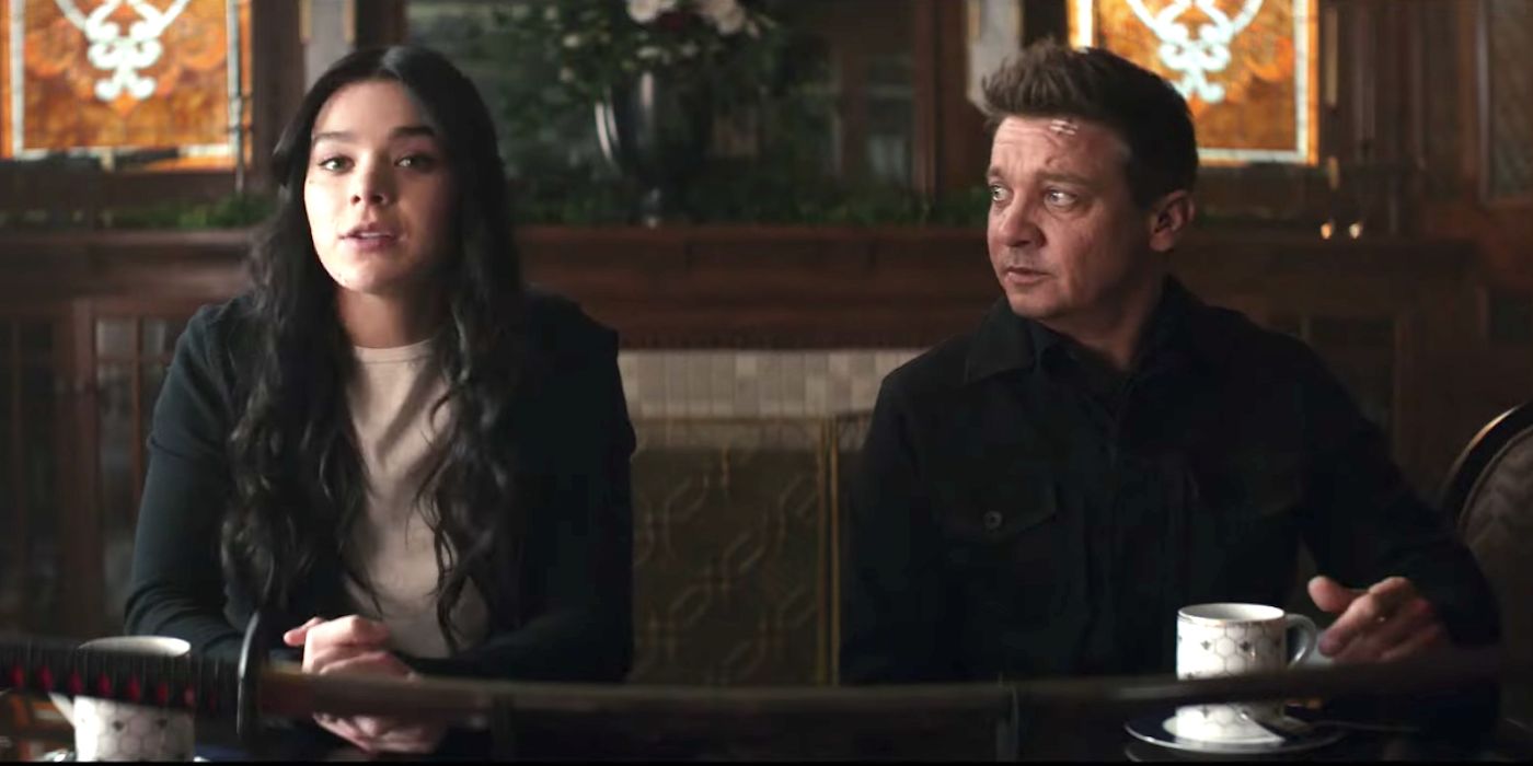 Hawkeye and Kate Bishop sit in a restaurant