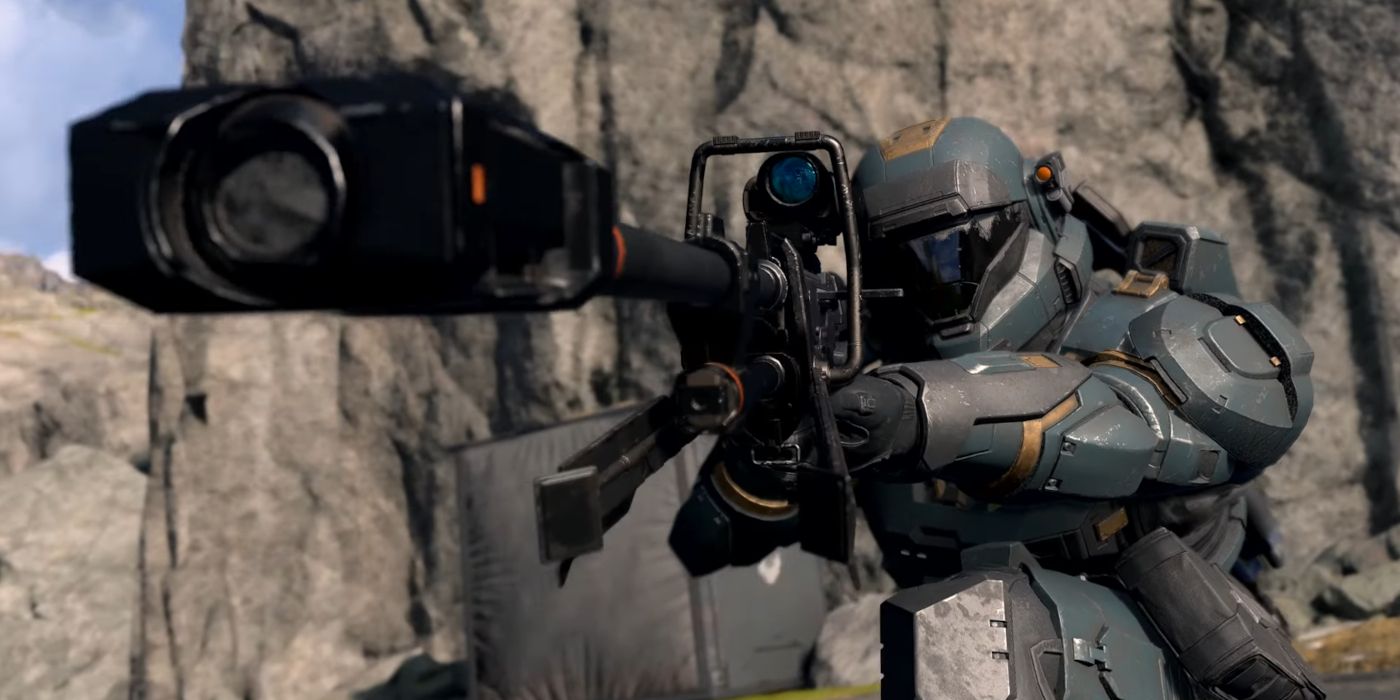 A Spartan aims a sniper rifle in Halo Infinite