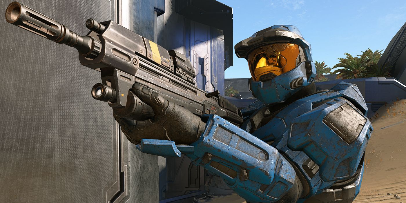 A blue Master Chief with a gun in Halo Infinite
