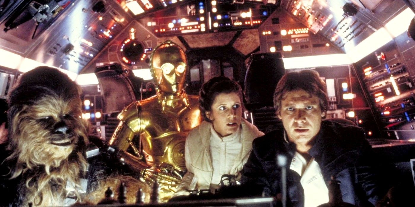 Han Solo, Chewwy, C3PO and Leia in Millennium Falcon