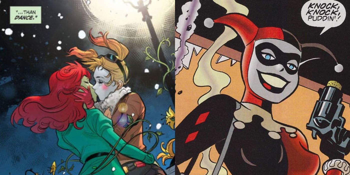 Split image: Poison Ivy and Harley Quinn share a kiss, Harley Quinn grins while holding a gun in the pages of DC Comics.