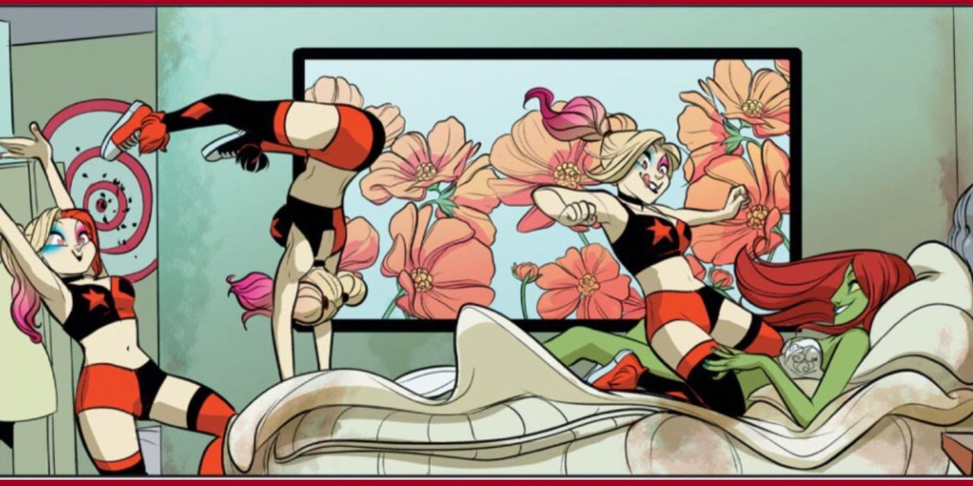 Harley Quinn cartwheels into bed with Poison Ivy in DC Comics.