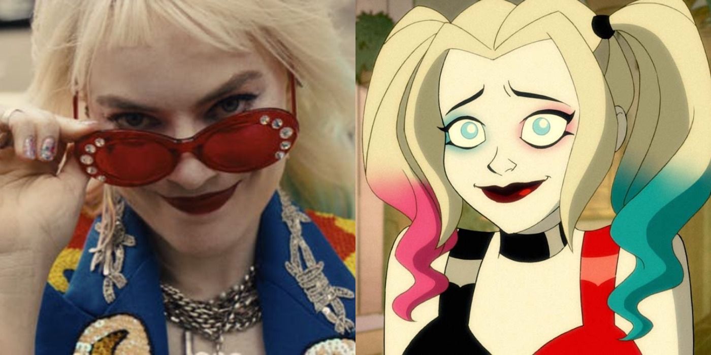 Split image: Margot Robbie lowers her shades as Harley Queen, Harley looks abashed in the animted series.