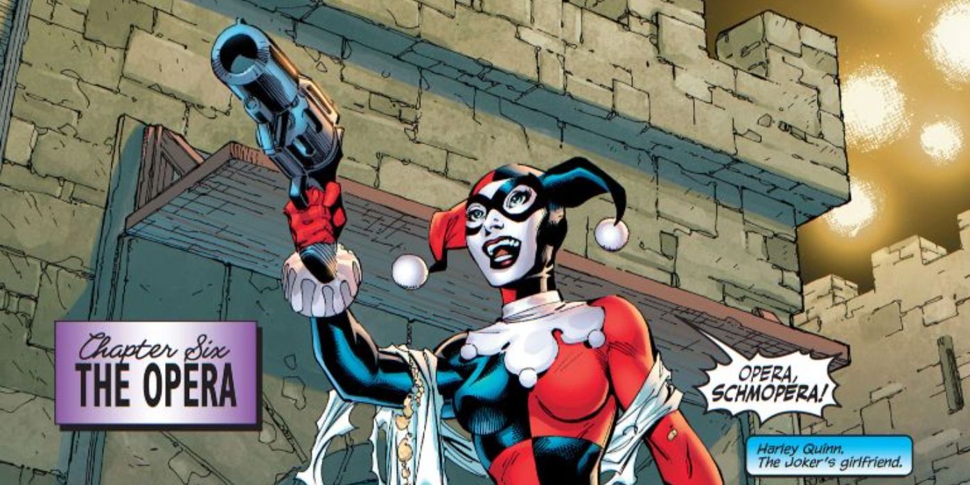 Harley Quinn holds a gun in Batman Hush comic.