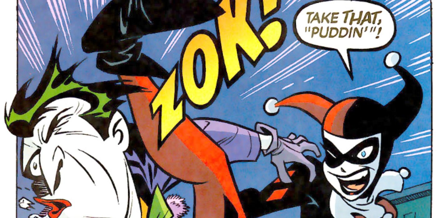 Harley Quinn kicks the Joker in DC Comics.