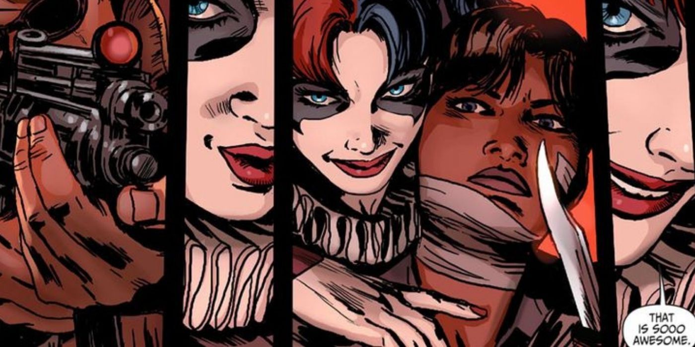Harley Quinn placing a knife at Amanda Waller&rsquo;s throat in DC comics