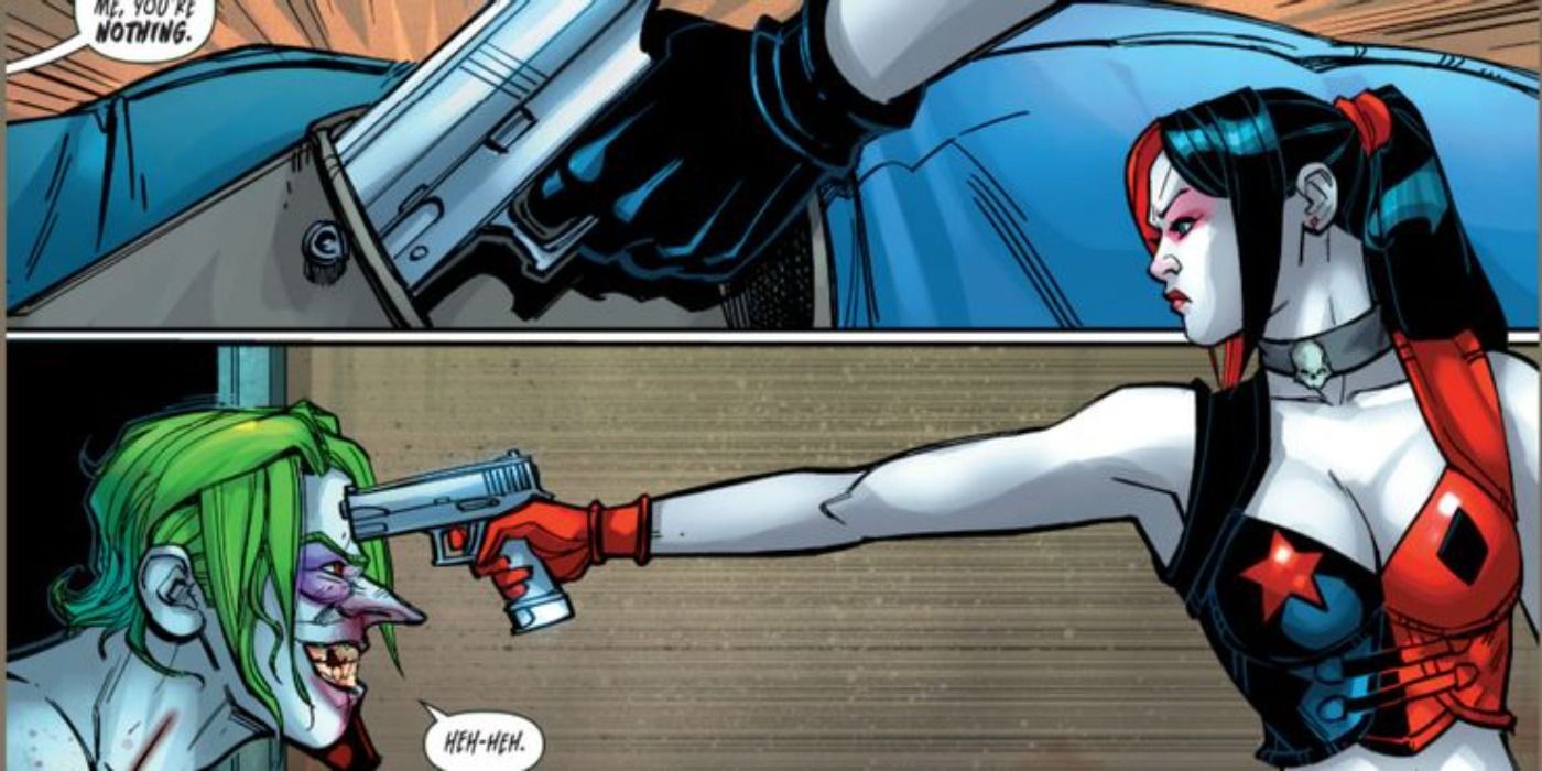 Harley Quinn points a gun at Joker in DC Comics.