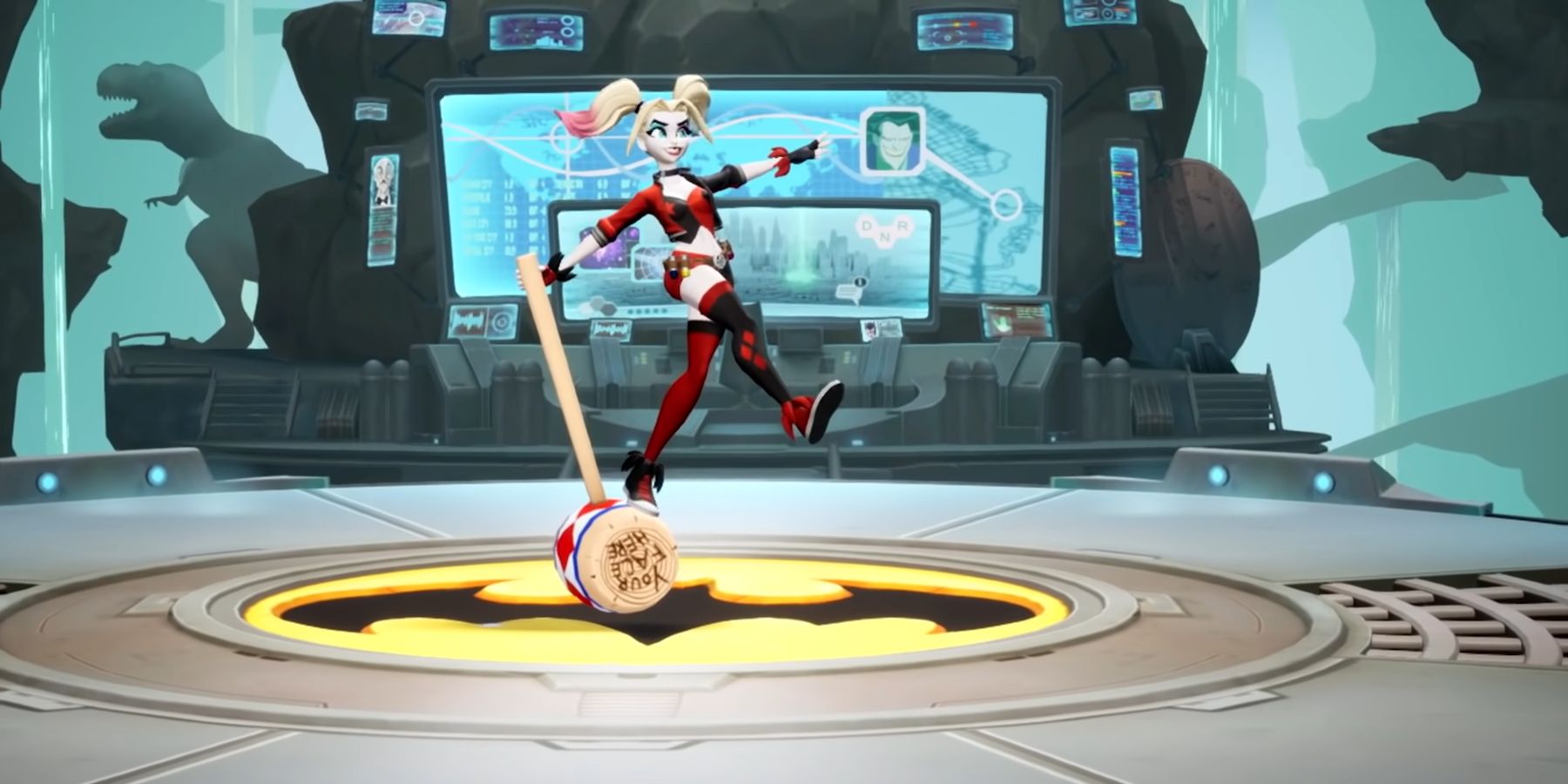 Harley Quinn posing on her mallet in the Batcave in MultiVersus