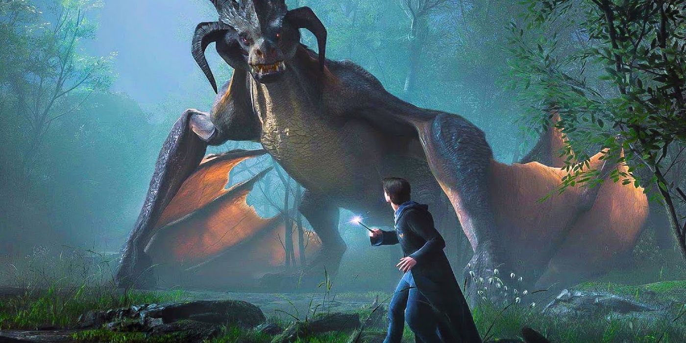 Aluno de Hogwarts está olhando para uma criatura mágica que parece ser uma espécie de dragão que se eleva sobre o personagem