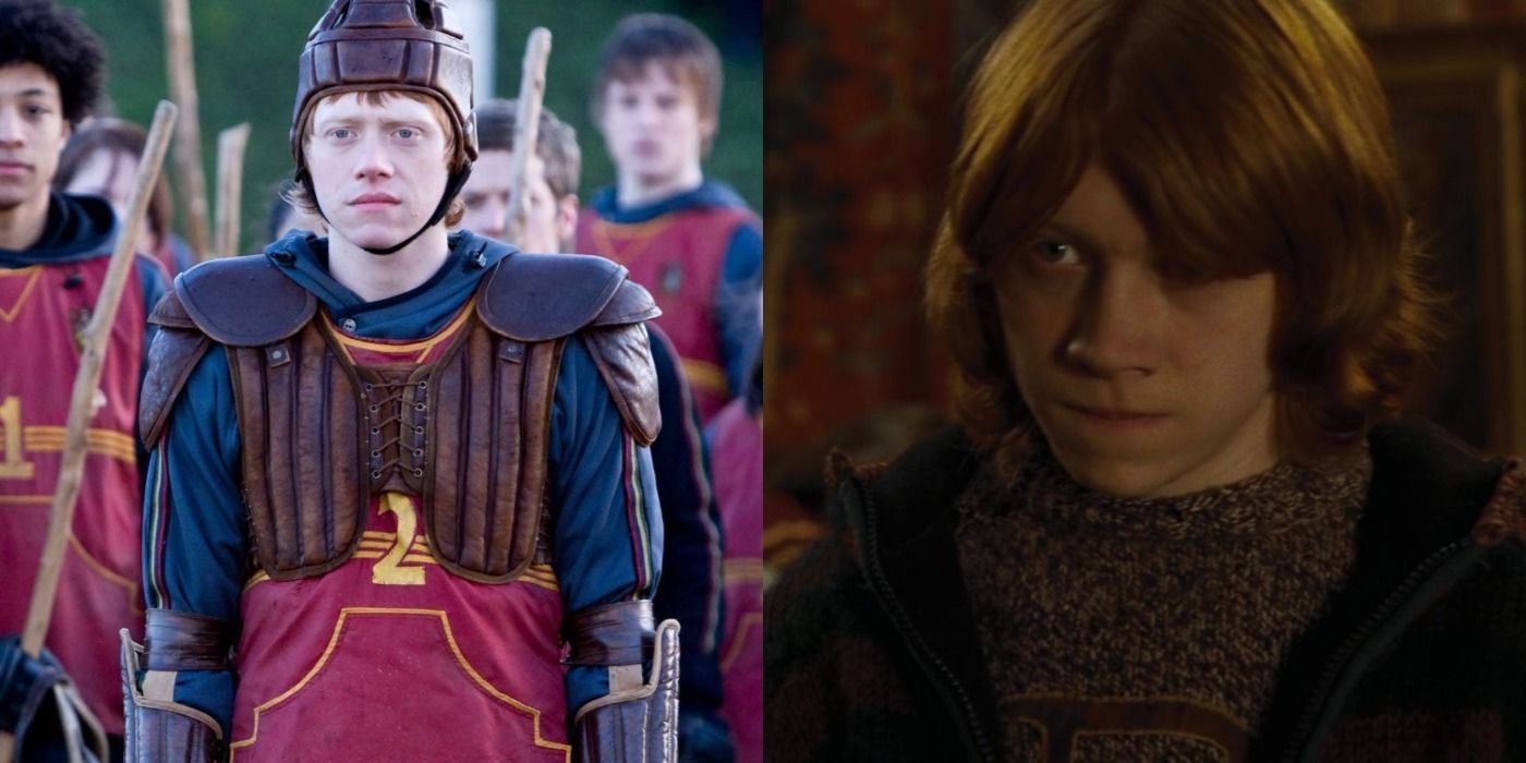 Split image: Ron Weasley looks nervous at Quidditch/ rON wEASLEY LOOKS ANGRY IN THE COMMON ROOM