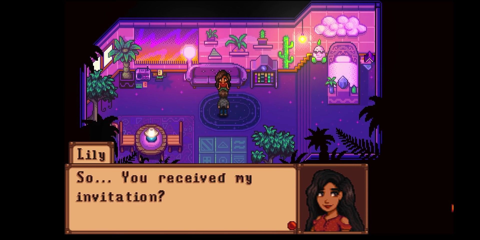 A Haunted Chocolatier character named Lily talking to the player character, asking if they've received an invitation she sent.