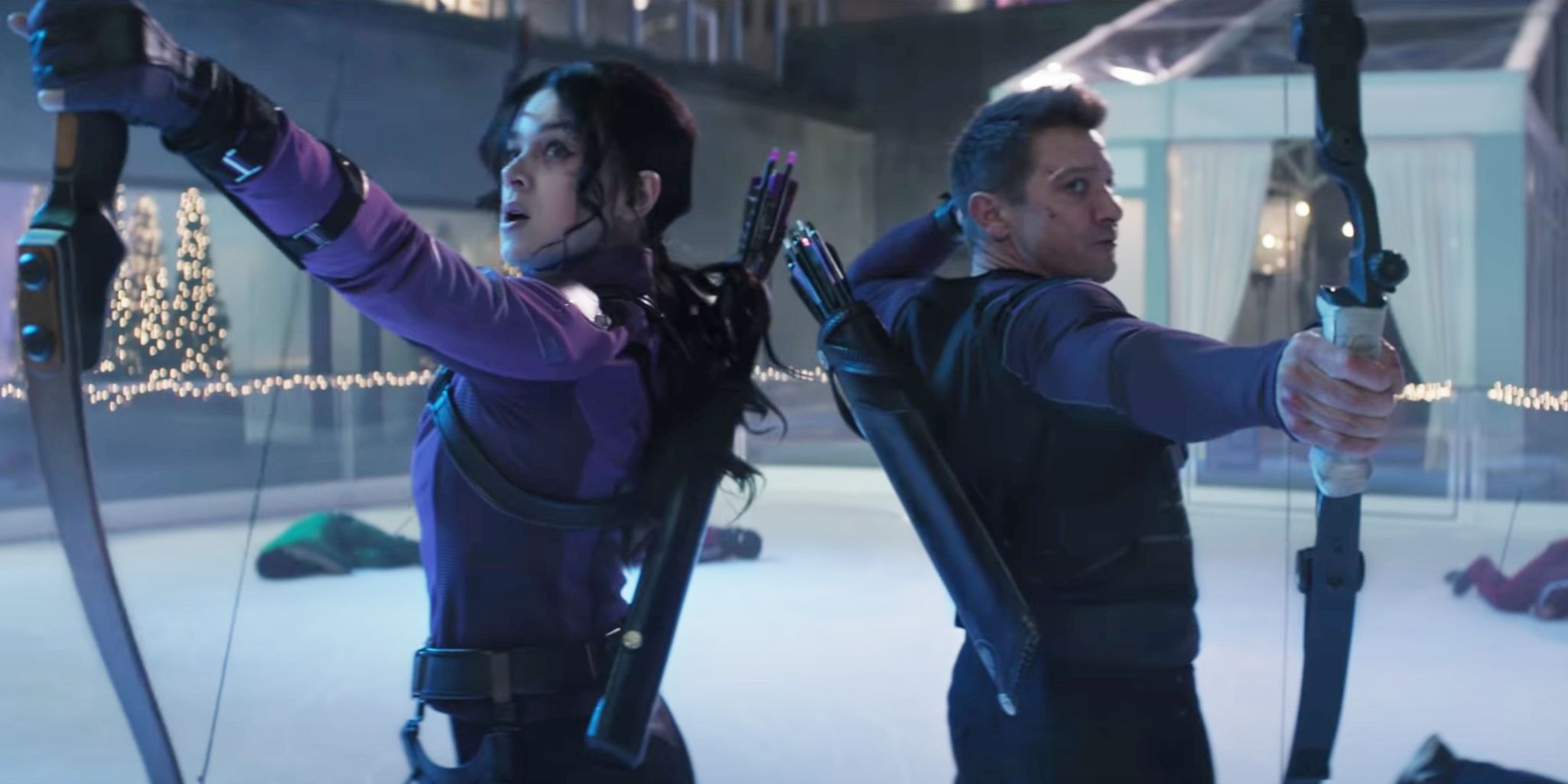 Clint Barton &amp; Kate Bishop aim their bows in an ice rink in Hawkeye.