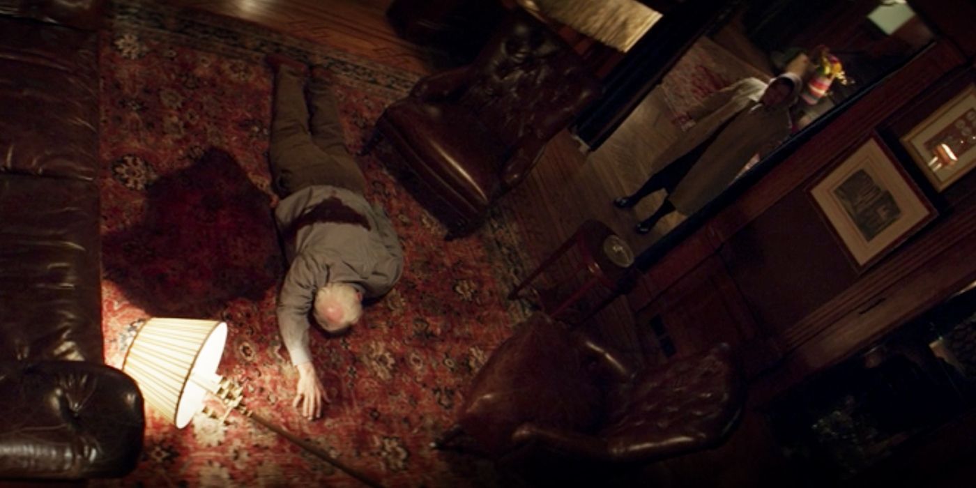 Armand's corpse bleeds out on his carpet in his living room as his maid stands by the door in Hawkeye.