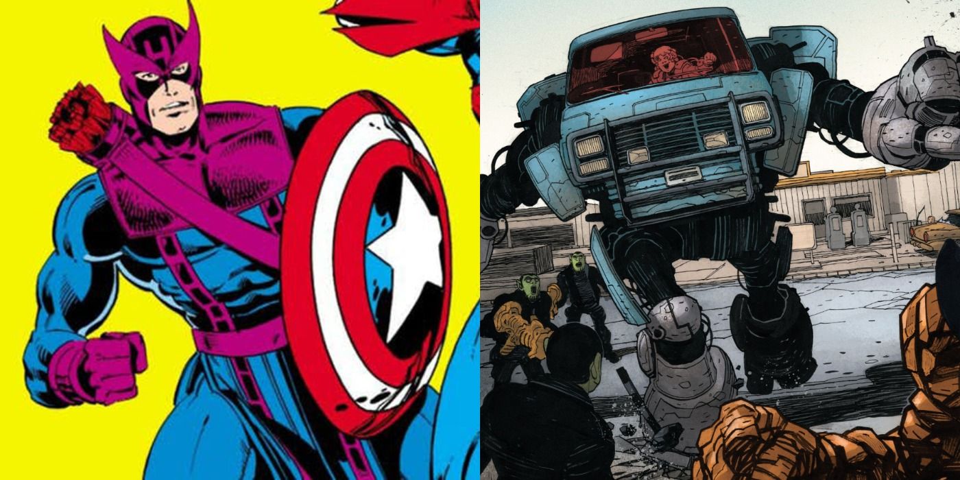 Split image of Hawkeye using Captain America's shield and Vantastic attacking in Marvel Comics.