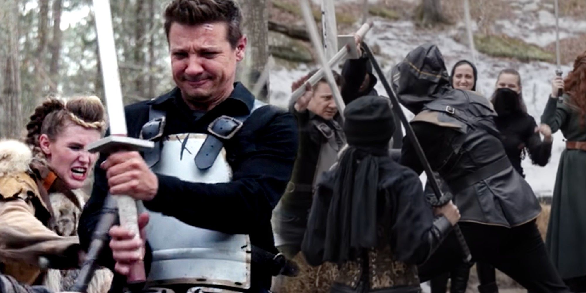 Hawkeye (Jeremy Renner) wielding a sword at a LARP battle in Hawkeye