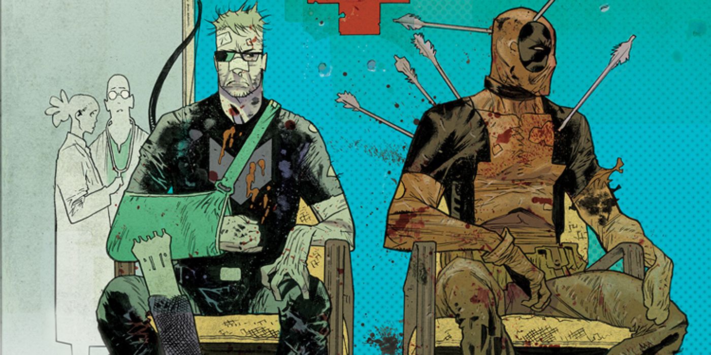 Hawkeye and Deadpool sitting together in a hospital.