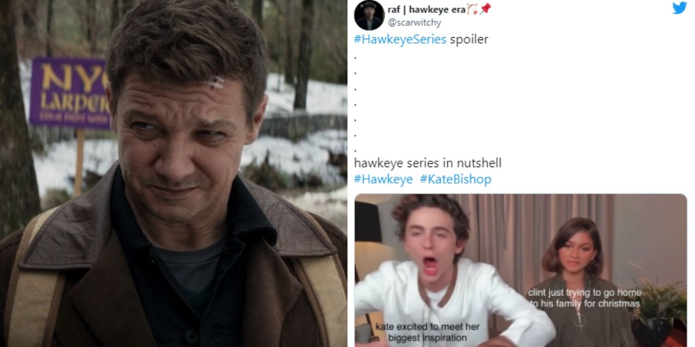 Split image: Hawkeye looks embarrassed in a forest with a Meme of Hawkeye