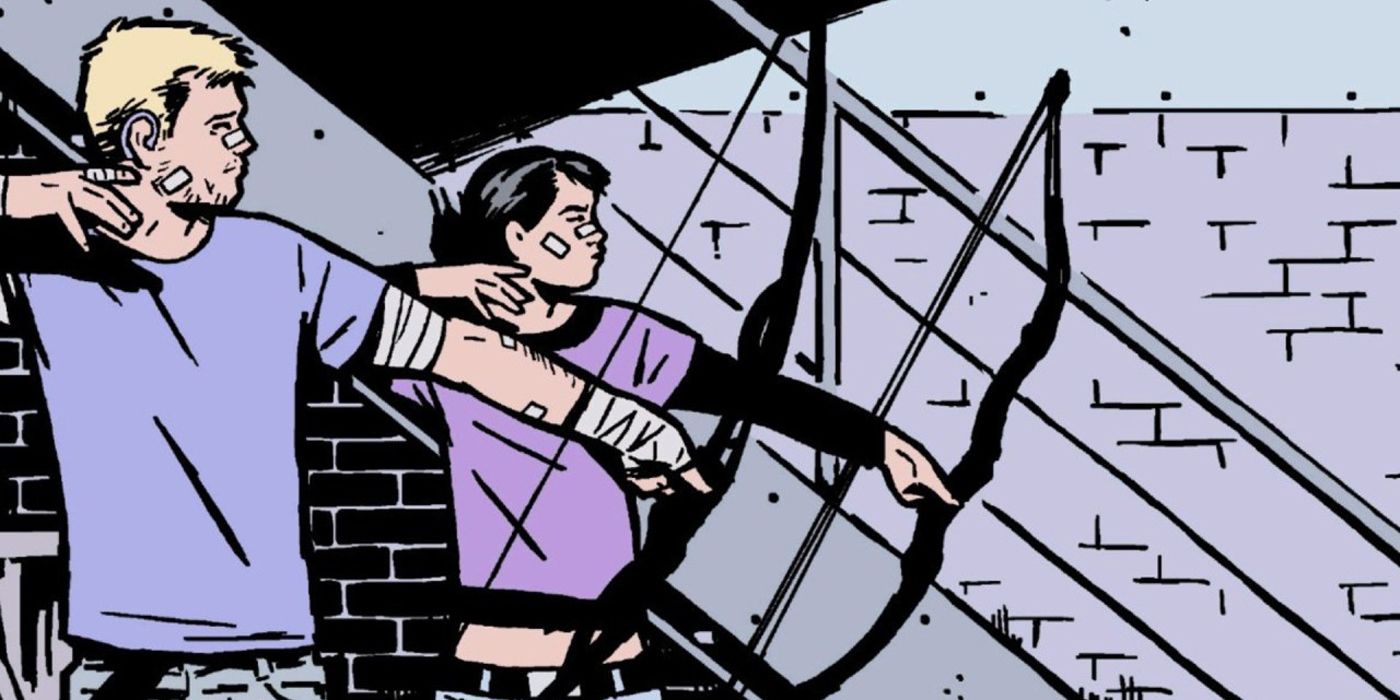 Hawkeye training Kate Bishop in an alley with bows and arrows in Marvel Comics.