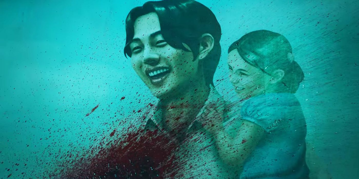 A portrait of Jin-soo holding a kid is splattered with blood in Hellbound.