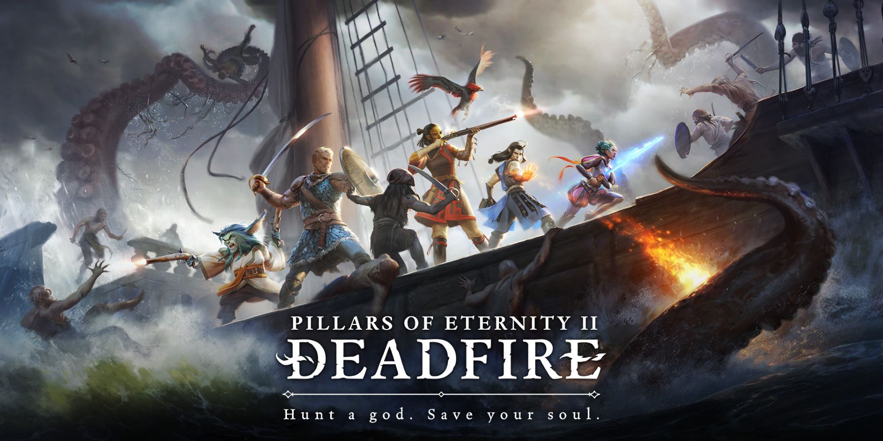 Heroes battling pirates while a Kraken attacks in Pillars Of Eternity II: Deadfire cover artwork