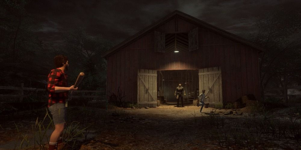 Higgins Haven map of Friday the 13th game with Jason a chasing woman out of a barn
