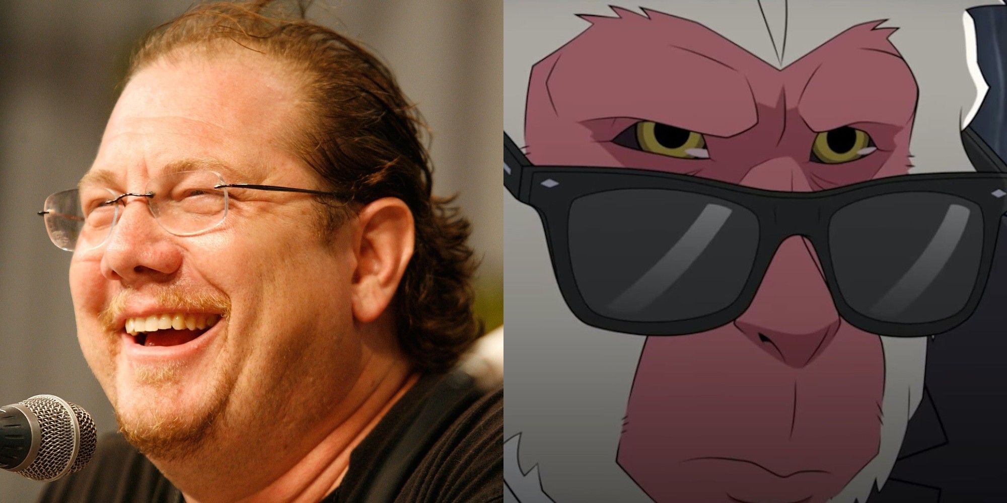 Voice actor Fred Tatasciore in an image next to one of his characters.