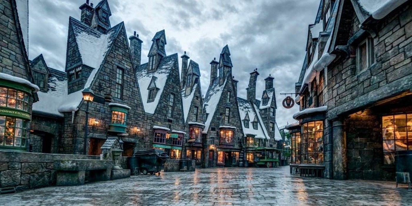 An image of Hogsmeade at winter in the Wizarding World