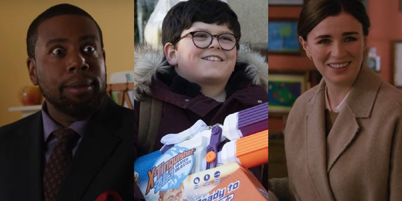 Split image of Gavin, Max with a plastic toy gun, and Carol smiling in Home Sweet Home Alone.