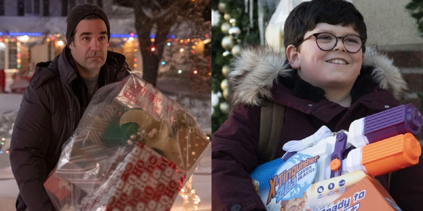Split image of Jeff carrying a present and a smiling Max with a toy gun in Home Sweet Home Alone.