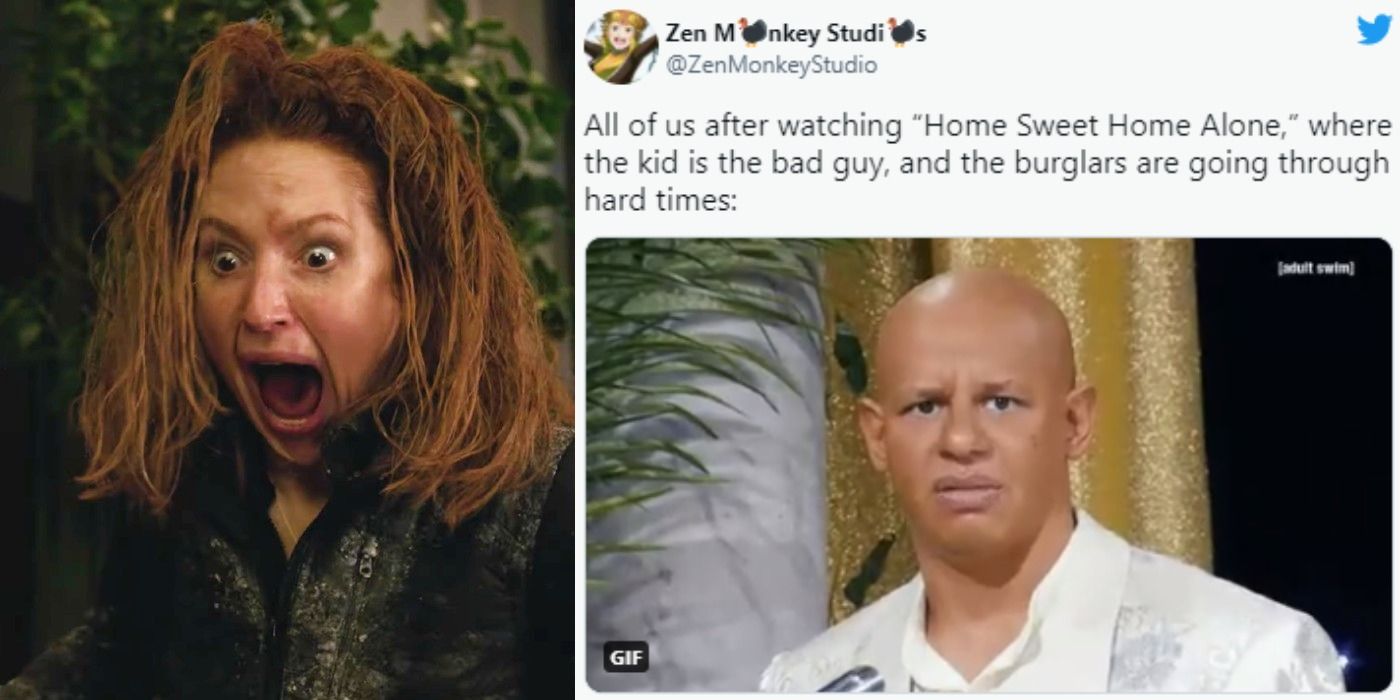 Split image: Ellie Kemper screaming in Home Sweet Home Alone and a Twitter meme