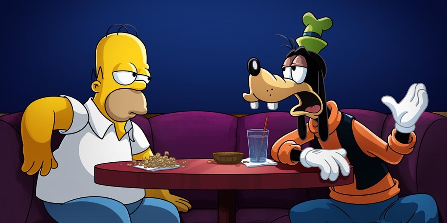 Homer Simpson and Goofy talking over a table in Plusaversary