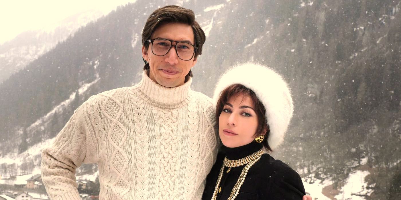 Adam Driver standing next to Lady Gaga in House of Gucci