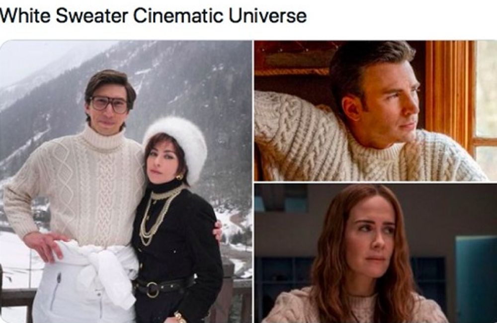 House of Gucci sweater meme featuring Chris Evans, Sarah Paulson, Adam Driver, and Lady Gaga