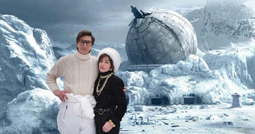 House of Gucci meme featuring Adam Driver and Lady Gaga in front of Echo Base from The Empire Strikes Back