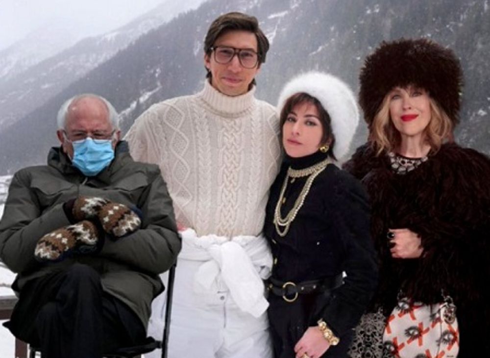 House of Gucci meme featuring Bernie Sanders, Adam Driver, Lady Gaga, and Catherine O'Hara in front of a snowy mountain