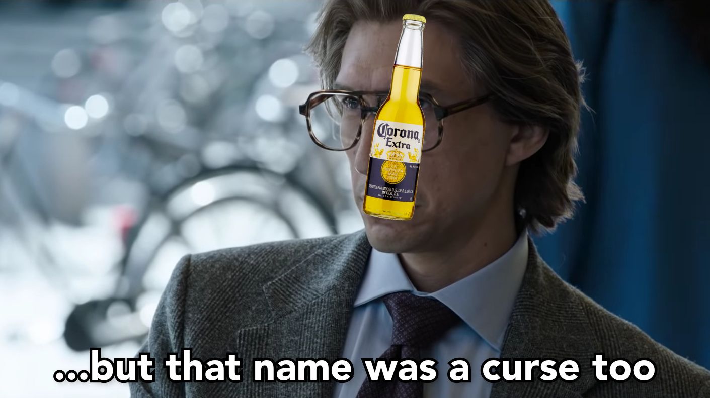 House of Gucci meme featuring Maurizio Gucci (Adam Driver) and a bottle of Corona 