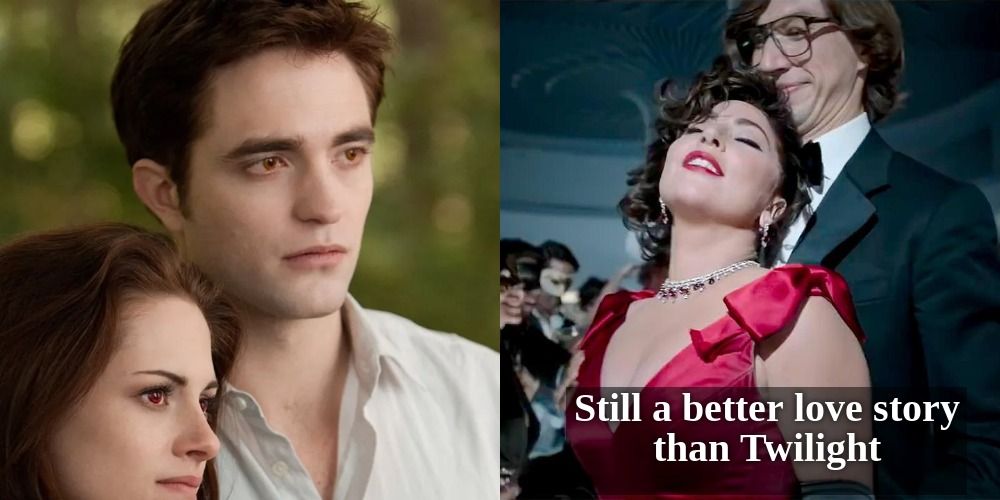 Split image House of Gucci meme comparing love stories with Twilight