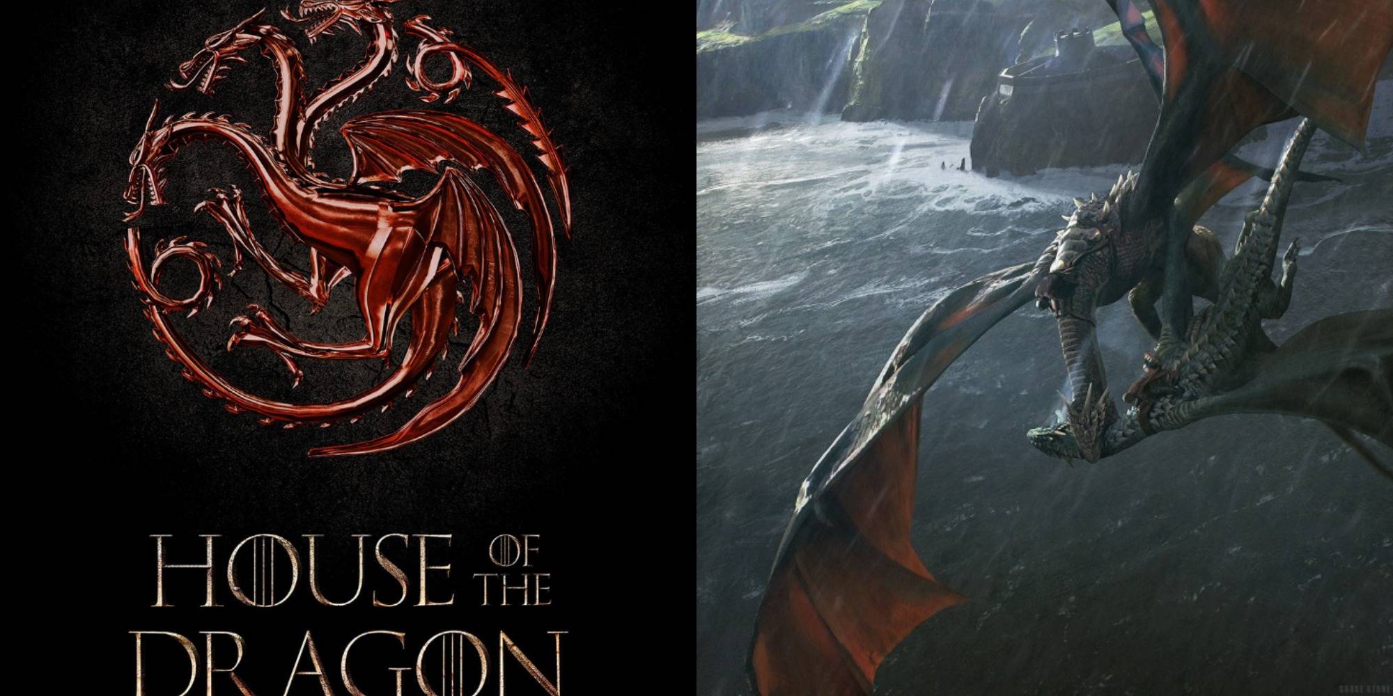 gesplitste afbeelding met de poster voor Huis van de draak en een afbeelding van de strijd tussen Arrax en Vhagar