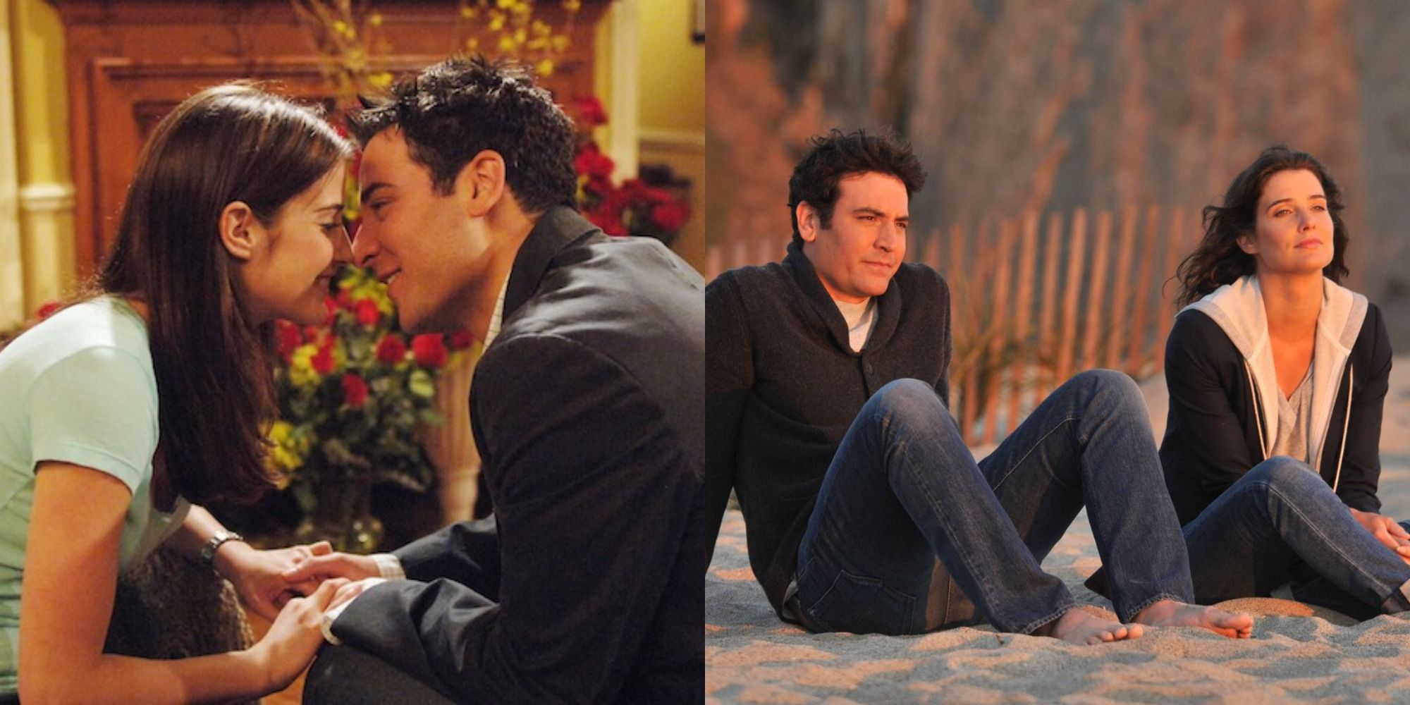 Split image showing Ted and Robin kissing and sitting together in HIMYM