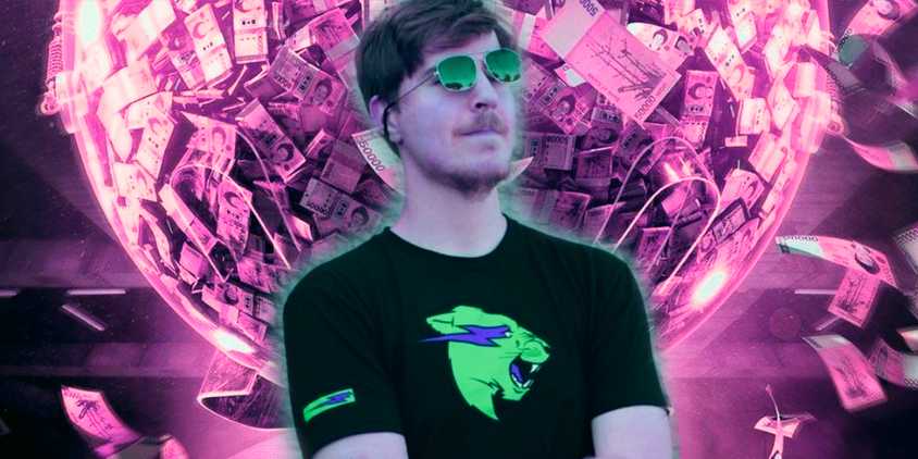 A custom image of MrBeast with a pile of money behind him
