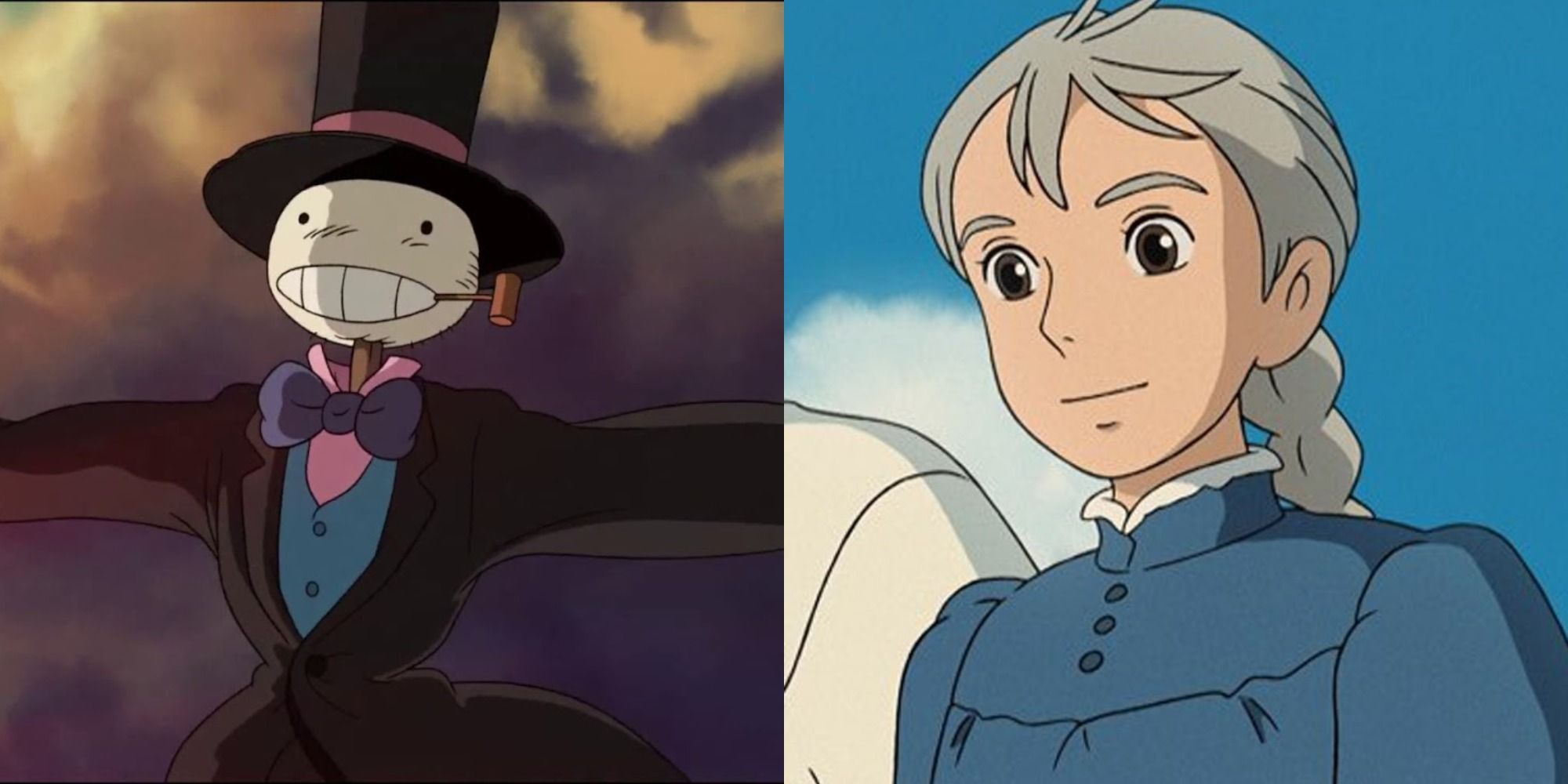 Split image showing Turnip Head and Sophie in Howl's Moving Castle