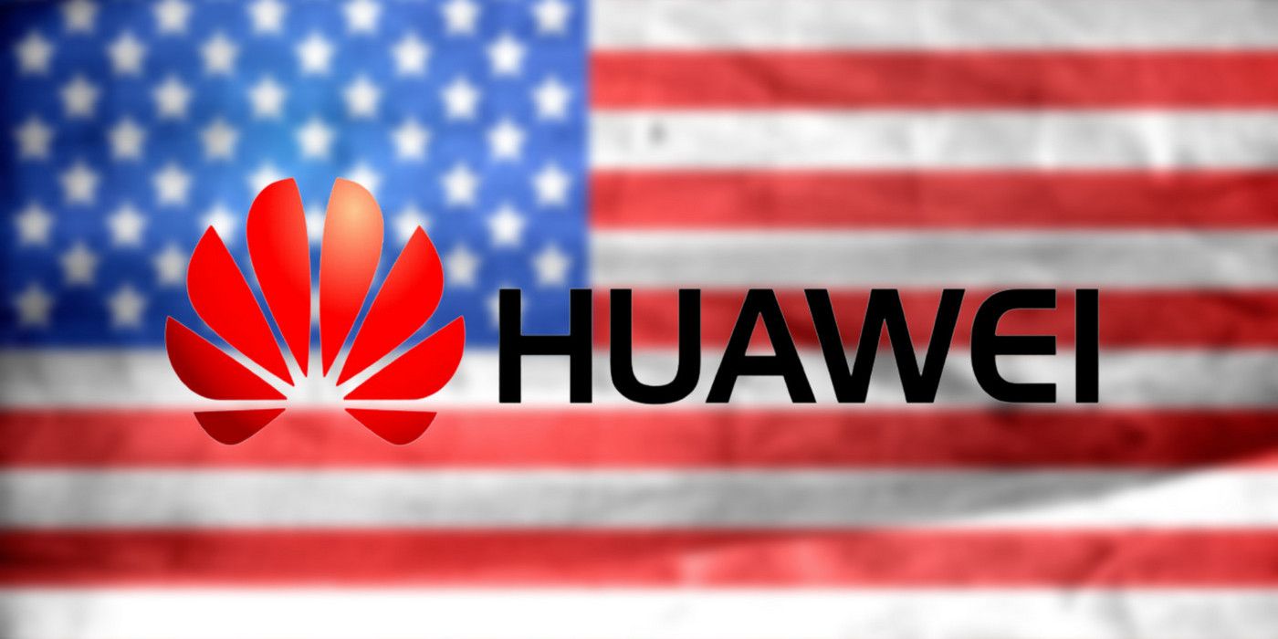 Huawei logo with US flag in the background