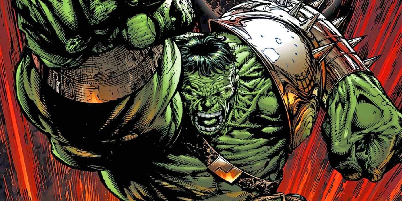 Hulk vestindo armadura de gladiador durante os quadrinhos do Hulk da Guerra Mundial.