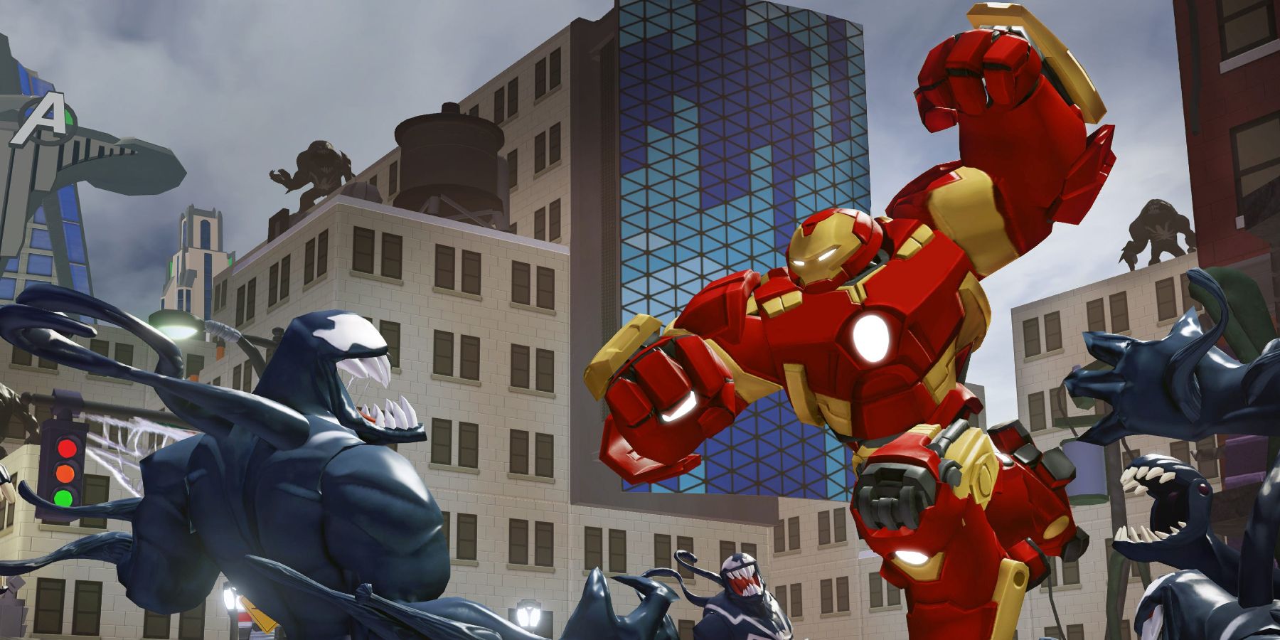 Hulkbuster charging into battle with an army of symbiotes in Disney Infinity