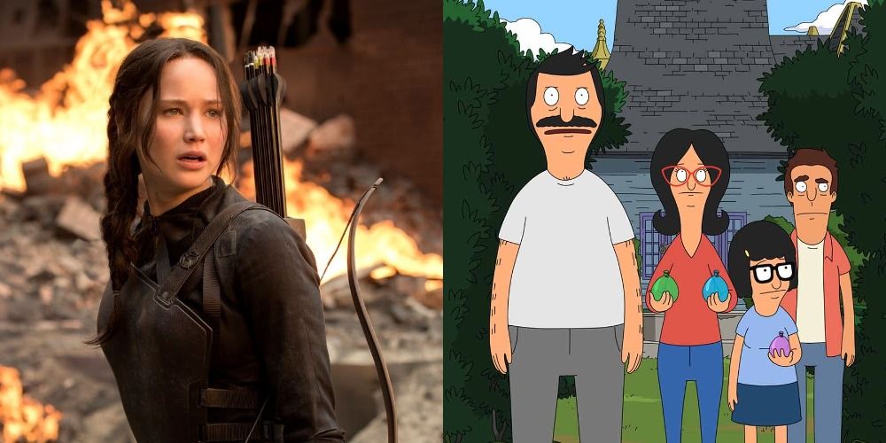 Split Image of Jennifer Lawrence in The Hunger Games and the belchers with balloons in The Oeder Games
